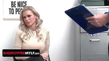 Busty shoplifter MILF Casca Akashova caught stealing necklace by an officer. She was offered for sex to get her freedom and fucked inside the office.