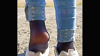 Girl slips out of her sweaty stinky fila sneakers and shows off her sweaty nylons