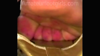 Shoeplay Feet Toes girl plays with her golden flats and shows her sweaty toes Ballerrinas Flatsshoes