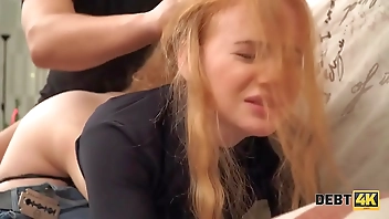 DEBT4k. Cunning guy fucks shaved pussy of red-haired cutie for the debt