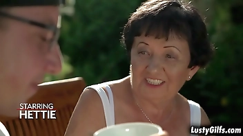 Lusty granny Hettie makes out with this hot stud Rob that makes her mature pussy soaking wet and totally satisfied.
