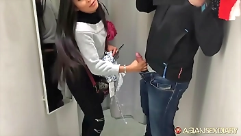 Super horny Asian star Susi sucking off white tourist in changing room and hotel