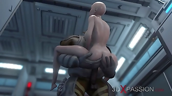 3d monster plays with a young woman in the Mars base camp