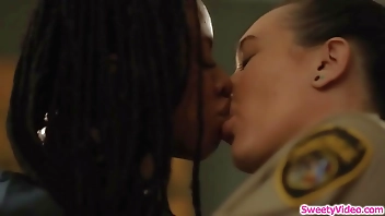 Ebony inmate eats lesbian wardens pussy