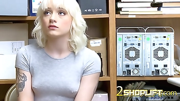 Skinny and tender blonde shoplifter gets caught in the security office