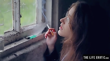 Angry girl in glasses with puffy nipples masturbates hard in the dirty alley