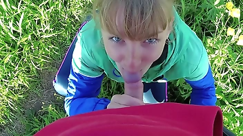 Risky outdoor blowjob and cum in mouth in the park. Amateur couple. Pov