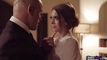 Submissive petite secretary Jill Kassidy laying on the floor with her ass up and ready for a rough sex with her horny boss Derrick Pierce.