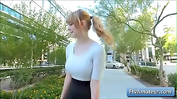 Sexy big tit blonde teen Alyssa show her natural big tits in public places