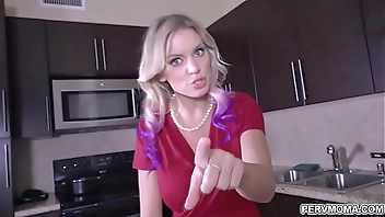 Blonde shoplifter MILF Kenzie Taylor got caught and blackmailed by stepson and performs a handsfree blowjob while wearing handcuffs.