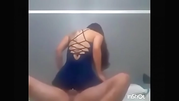 Tattooed hottie in blue dress moaning and riding