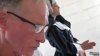 Sexy young nun has sex for the first time with a grandpa in the confessional