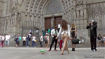 Naked shaved pussy babe fucked in public