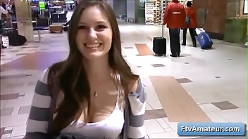 Hot brunette big tit teen Summer flash her natural big boobs in public