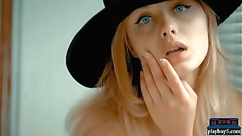 Teen blonde with a great ass and a black hat gets naked