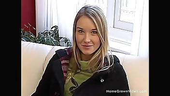 Adorable blonde amateur teen rubs her hairless pussy