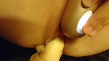 Dildo and satisfyer to orgasm in The kitchen