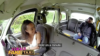 Female Fake Taxi Petite ebony cabbie with tiny shaven pussy fucks passenger