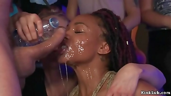 Hot ebony slave fucked in Spanish nightclub